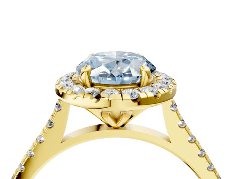 Yellow gold Fancy Blue Oval Cut Diamond Cushion Halo Ring with Pavé Band_4