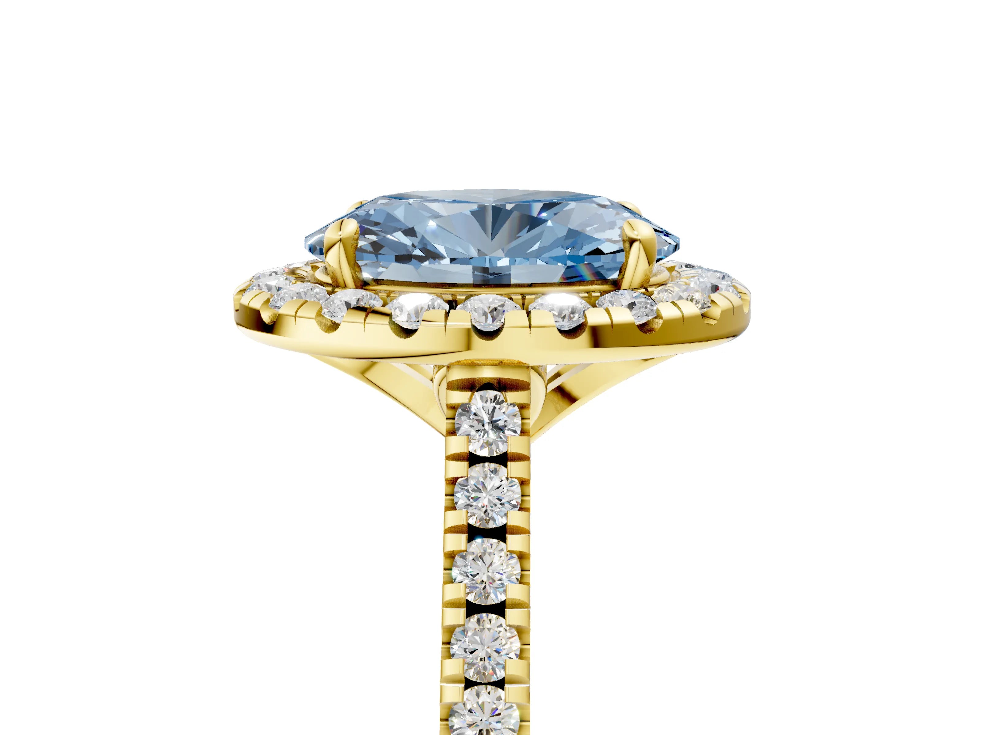 Yellow gold Fancy Blue Oval Cut Diamond Cushion Halo Ring with Pavé Band_5