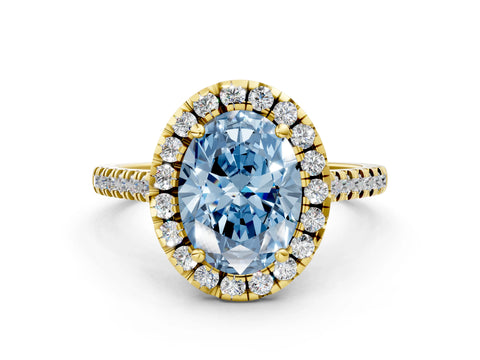 Yellow gold Fancy Blue Oval Cut Diamond Cushion Halo Ring with Pavé Band