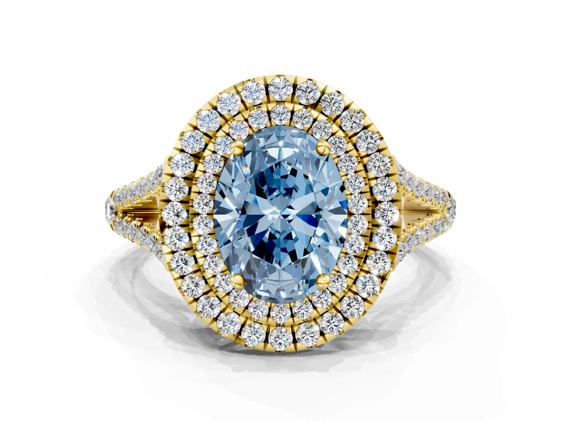 Yellow gold Fancy Blue Oval Cut Diamond Double Halo Ring with Pavé Band and Prong Setting_89