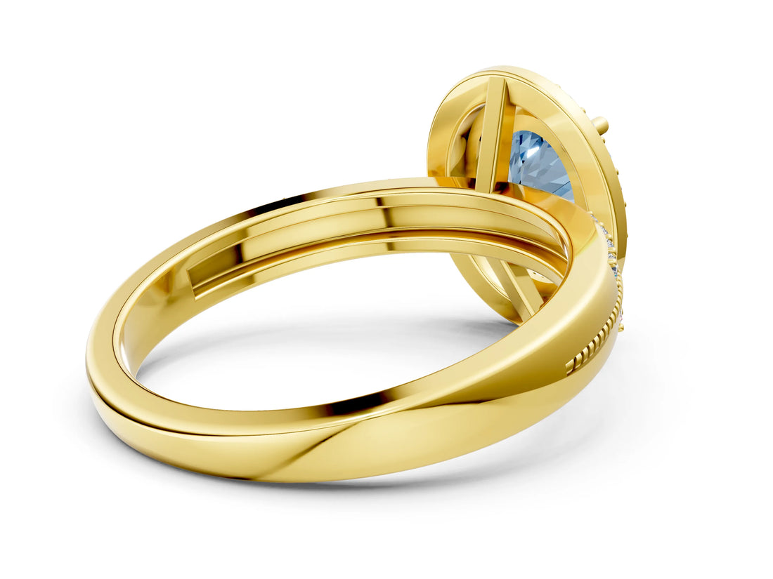 Yellow gold Fancy Blue Oval Cut Diamond Double Halo Ring with Split Shank and Four-Prong Setting
