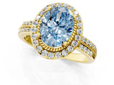 Yellow gold Fancy Blue Oval Cut Diamond Double Halo Ring with Split Shank and Four-Prong Setting_1