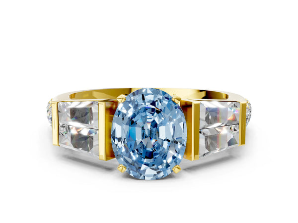 Yellow gold Fancy Blue Oval Cut Diamond Engagement Ring with Baguette Side Stones and Channel Set Band