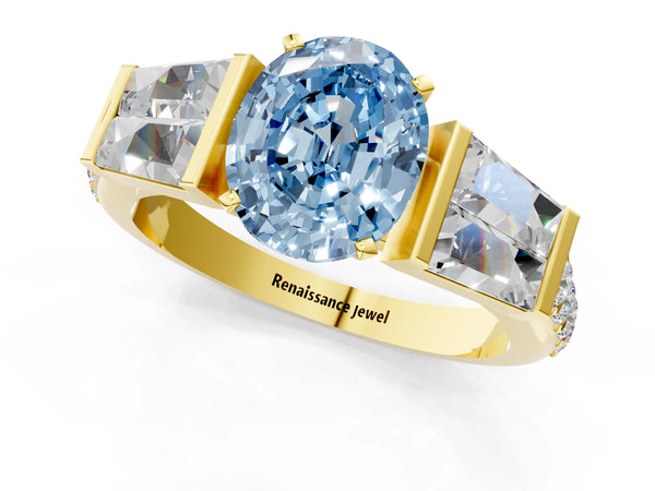 Yellow gold Fancy Blue Oval Cut Diamond Engagement Ring with Baguette Side Stones and Channel Set Band