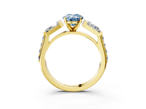 Yellow gold Fancy Blue Oval Cut Diamond Engagement Ring with Baguette Side Stones and Channel Set Band