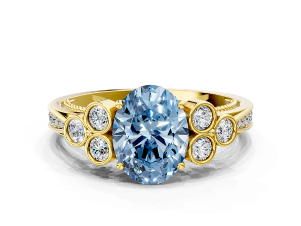 Yellow gold Fancy Blue Oval  Cut Diamond Engagement Ring with Bezel Set Round Side Stones and Prong Setting