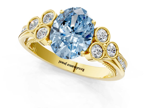 Yellow gold Fancy Blue Oval  Cut Diamond Engagement Ring with Bezel Set Round Side Stones and Prong Setting