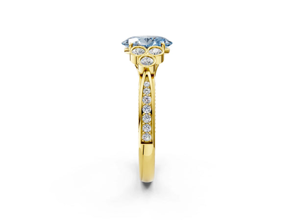 Yellow gold Fancy Blue Oval  Cut Diamond Engagement Ring with Bezel Set Round Side Stones and Prong Setting