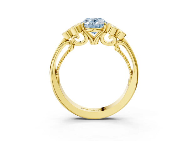 Yellow gold Fancy Blue Oval  Cut Diamond Engagement Ring with Bezel Set Round Side Stones and Prong Setting