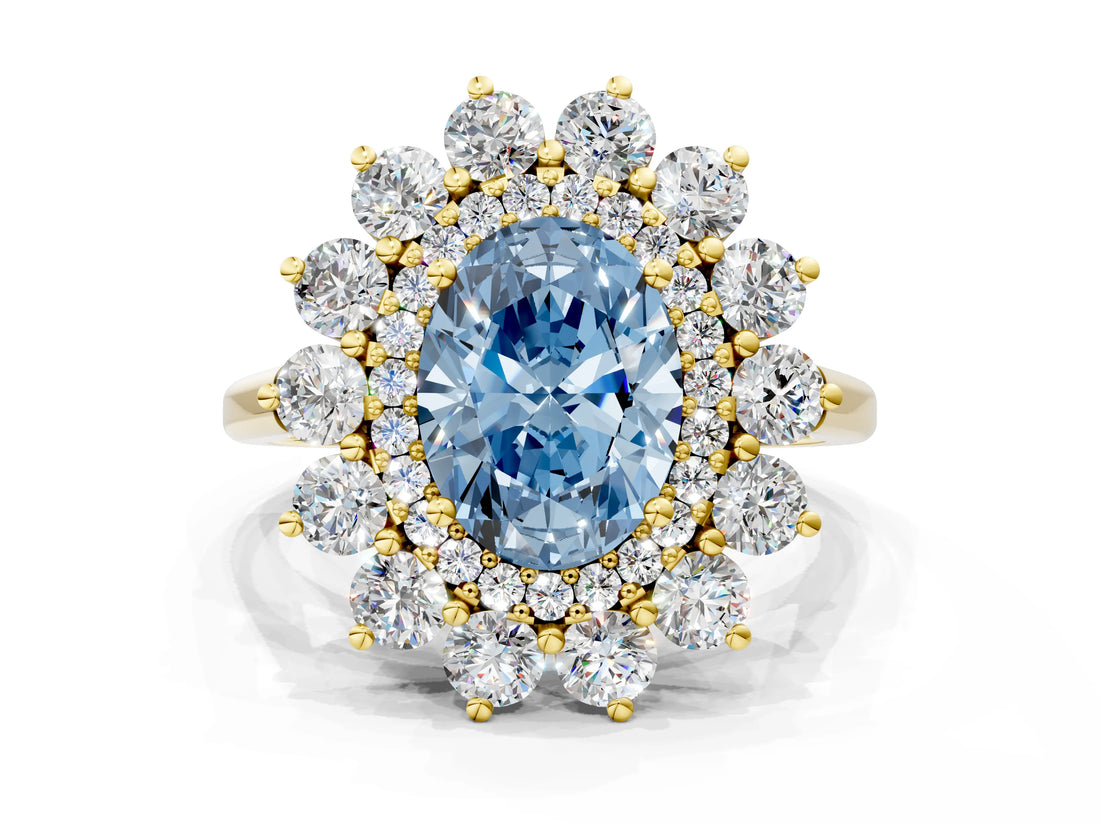 Yellow gold Fancy Blue Oval Cut Diamond Floral Double Halo Engagement Ring with Prong Setting_24
