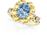 Yellow gold Fancy Blue Oval  Cut Diamond Floral Halo Engagement Ring with Shared Prong Setting 1