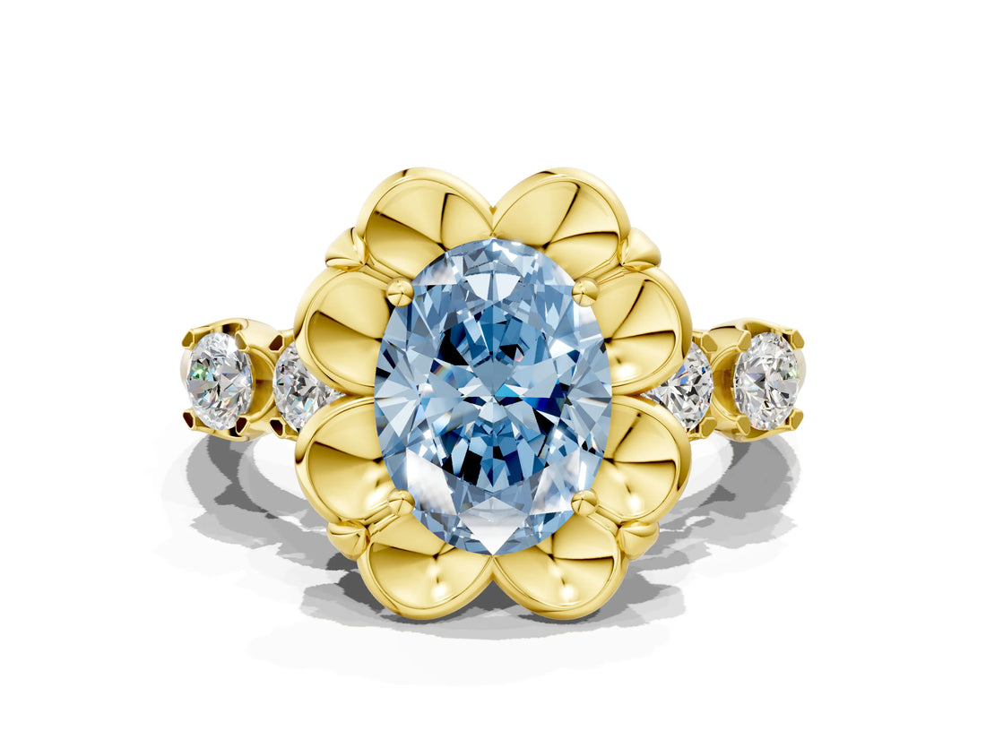 Yellow gold Fancy Blue Oval  Cut Diamond Floral Halo Engagement Ring with Shared Prong Setting