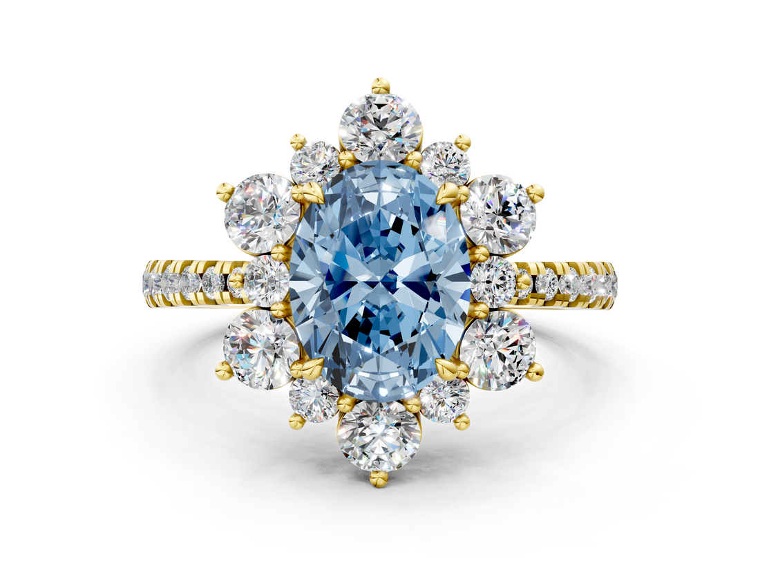 Yellow gold Fancy Blue Oval  Cut Diamond Floral Halo Pave Band with Prong Setting_37