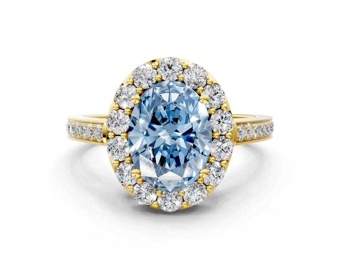 Yellow gold Fancy Blue Oval Cut Diamond Floral Halo Ring with Pavé Band and Prong Setting_3