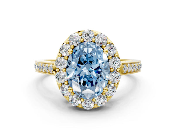 Yellow gold Fancy Blue Oval Cut Diamond Floral Halo Ring with Pavé Band and Prong Setting
