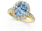 Yellow gold Fancy Blue Oval Cut Diamond Floral Halo Ring with Pavé Band and Prong Setting_4