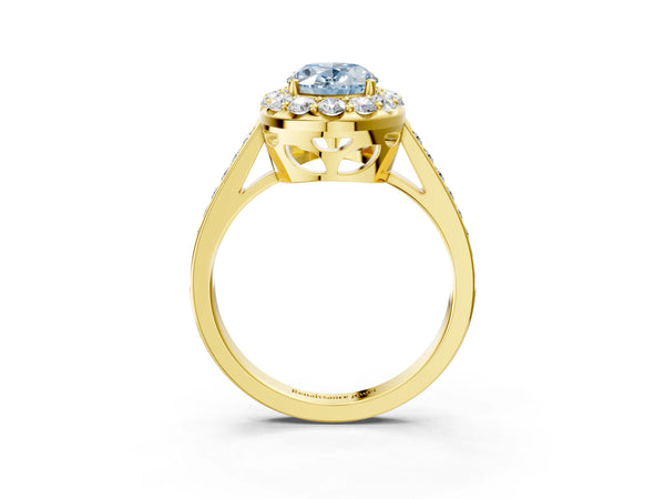 Yellow gold Fancy Blue Oval Cut Diamond Floral Halo Ring with Pavé Band and Prong Setting
