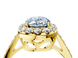 Yellow gold Fancy Blue Oval Cut Diamond Floral Halo Ring with Pavé Band and Prong Setting_7