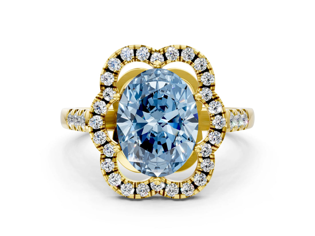 Yellow gold Fancy Blue Oval Cut Diamond Floral Halo Split Shank Prong Setting Ring
