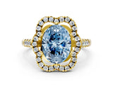 Yellow gold Fancy Blue Oval Cut Diamond Floral Halo Split Shank Prong Setting Ring