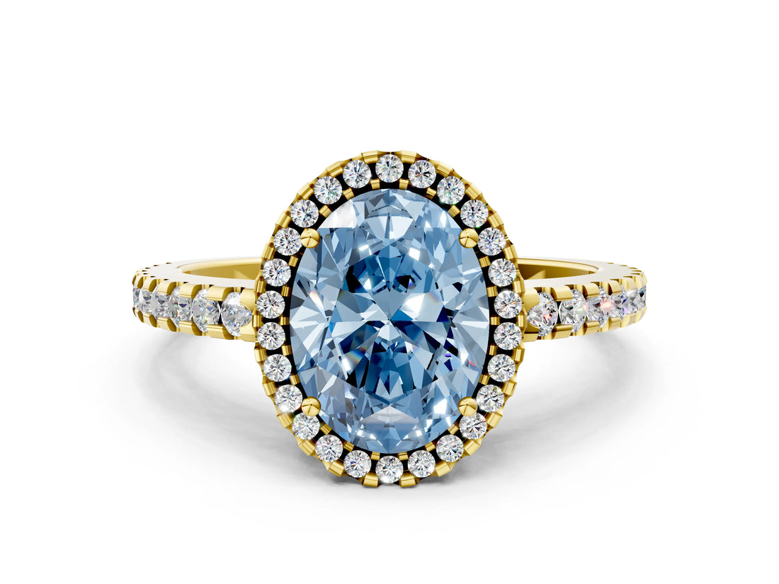 Yellow gold Fancy Blue Oval Cut Diamond Halo Engagement Ring with Pavé Band and Prong Setting_27