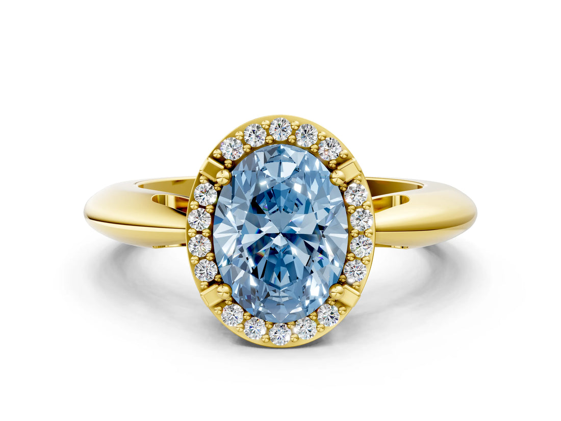 Yellow gold Fancy Blue Oval  Cut Diamond Halo Engagement Ring with Split Shank and Four-Prong Setting_90