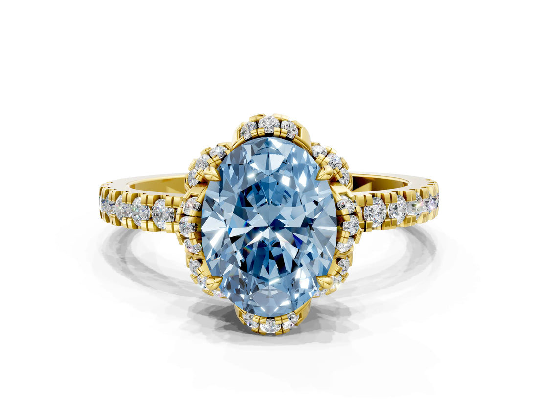 Yellow gold Fancy Blue Oval Cut Diamond Halo Pave Band with Four-Prong Setting_3