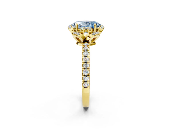 Yellow gold Fancy Blue Oval Cut Diamond Halo Pave Band with Four-Prong Setting