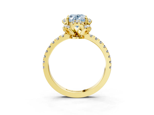 Yellow gold Fancy Blue Oval Cut Diamond Halo Pave Band with Four-Prong Setting