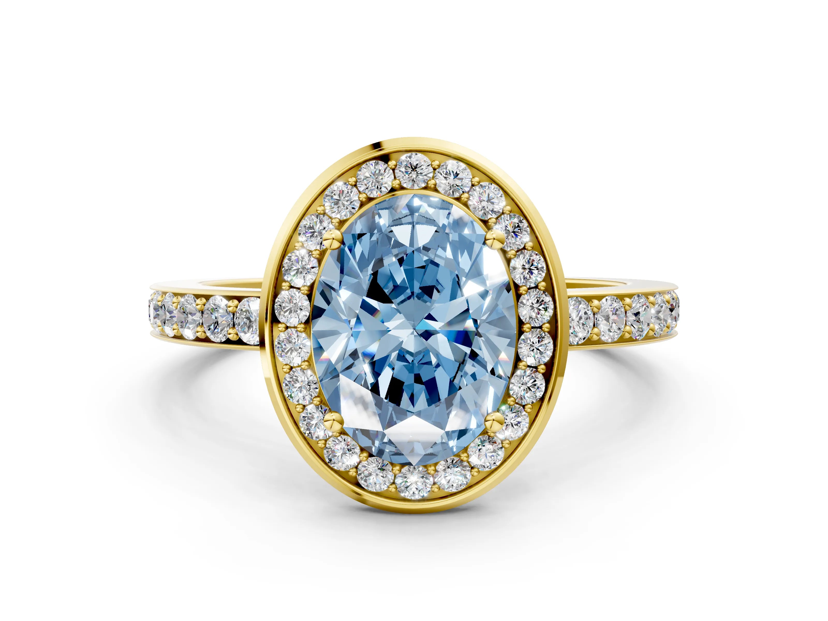 Yellow gold Fancy Blue Oval Cut Diamond Halo Ring with Bezel Frame and Pavé Band