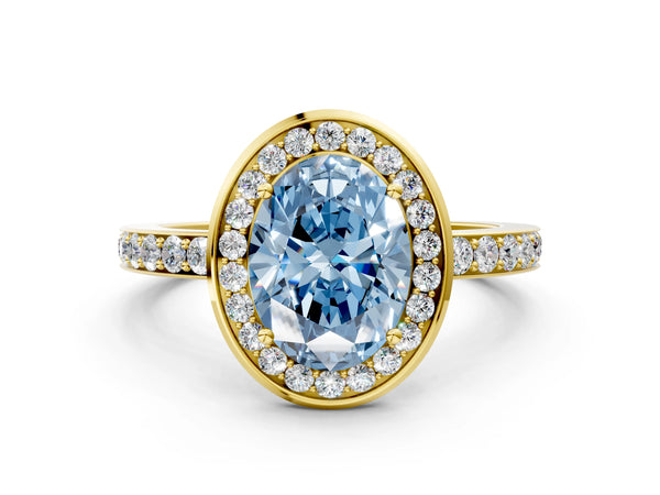 Yellow gold Fancy Blue Oval Cut Diamond Halo Ring with Bezel Frame and Pavé Band