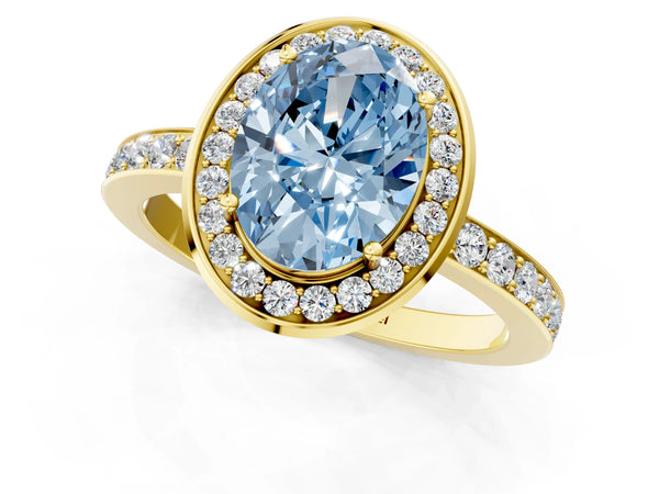 Yellow gold Fancy Blue Oval Cut Diamond Halo Ring with Bezel Frame and Pavé Band