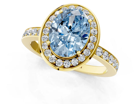 Yellow gold Fancy Blue Oval Cut Diamond Halo Ring with Bezel Frame and Pavé Band_1