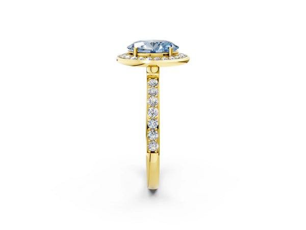 Yellow gold Fancy Blue Oval Cut Diamond Halo Ring with Bezel Frame and Pavé Band