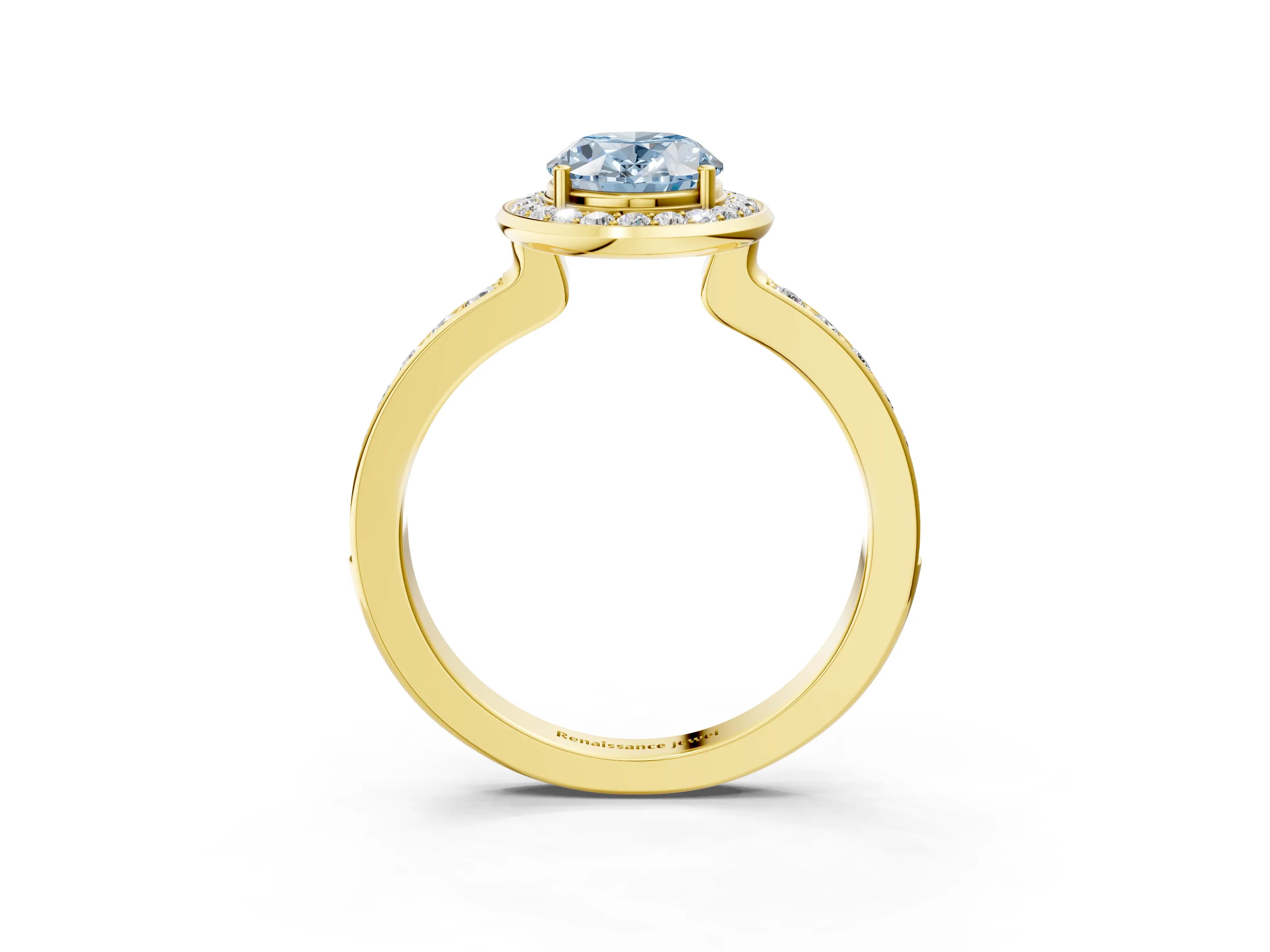 Yellow gold Fancy Blue Oval Cut Diamond Halo Ring with Bezel Frame and Pavé Band_3
