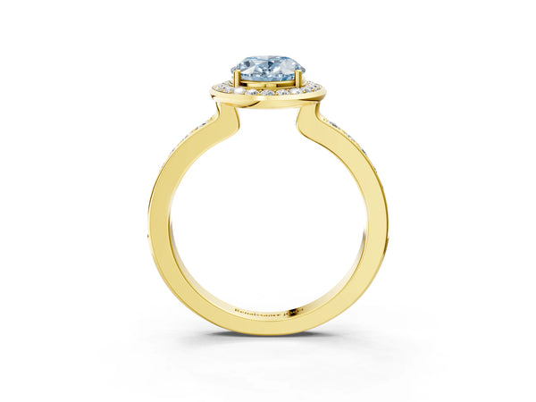 Yellow gold Fancy Blue Oval Cut Diamond Halo Ring with Bezel Frame and Pavé Band