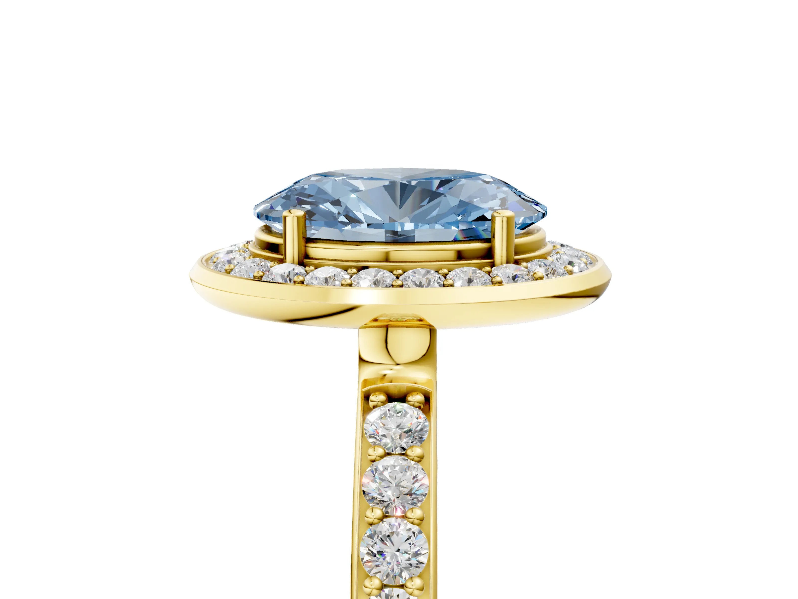 Yellow gold Fancy Blue Oval Cut Diamond Halo Ring with Bezel Frame and Pavé Band_5