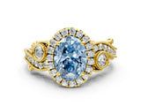 Yellow gold Fancy Blue Oval Cut Diamond Halo Ring with Milgrain Pavé Band and Four-Prong Setting_70
