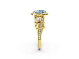Yellow gold Fancy Blue Oval Cut Diamond Halo Ring with Milgrain Pavé Band and Four-Prong Setting_72