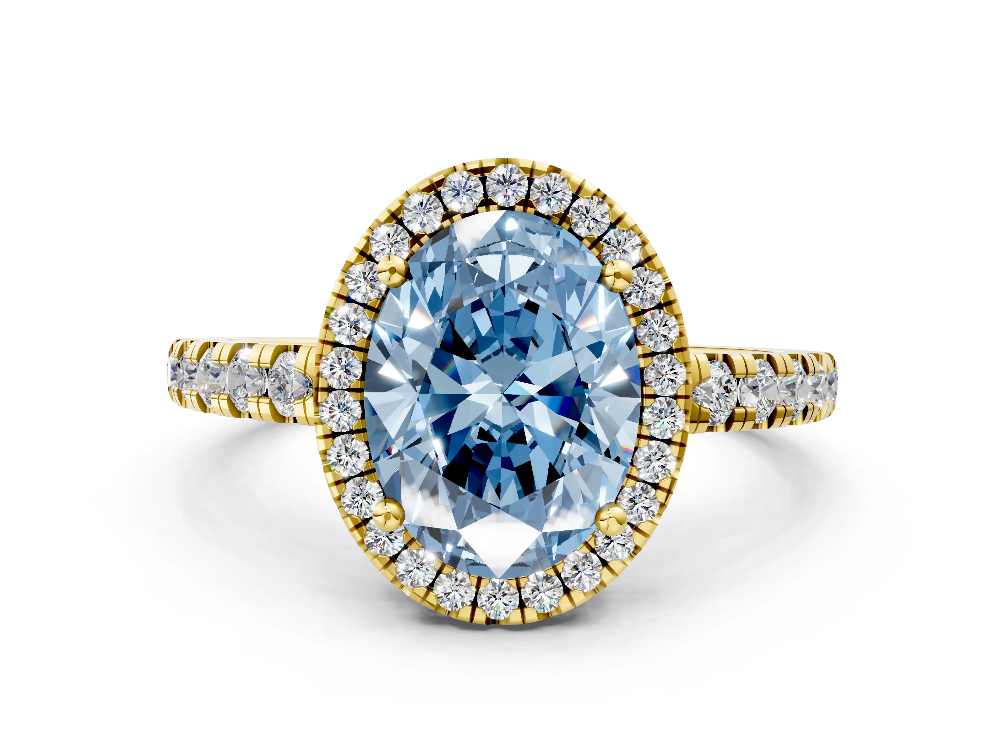 Yellow gold Fancy Blue Oval Cut Diamond Halo Ring with Pavé Band and Four-Prong Setting