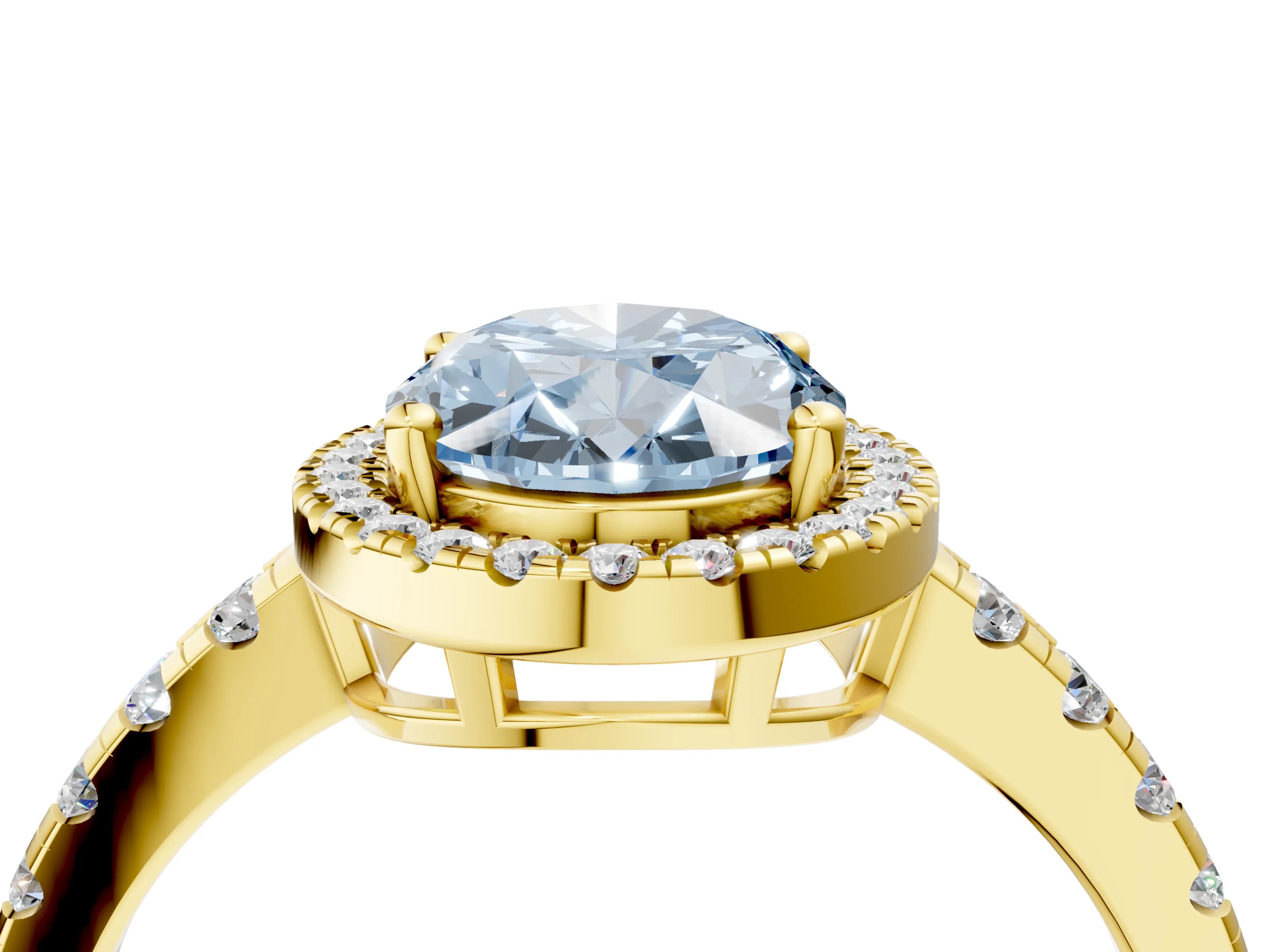 Yellow gold Fancy Blue Oval Cut Diamond Halo Ring with Pavé Band and Four-Prong Setting_4