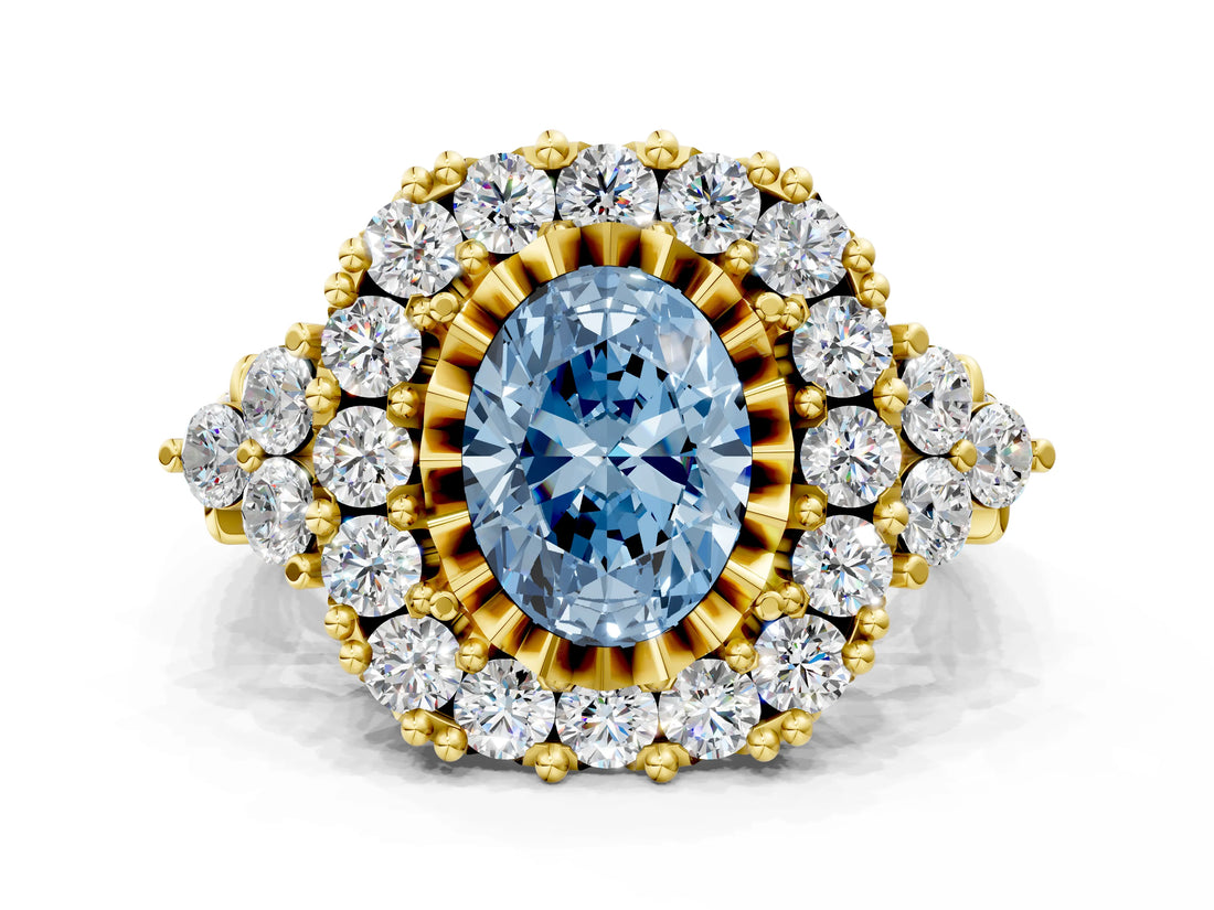 Yellow gold Fancy Blue Oval Cut Diamond Halo Ring with Pavé Band and Four-Prong Setting_40