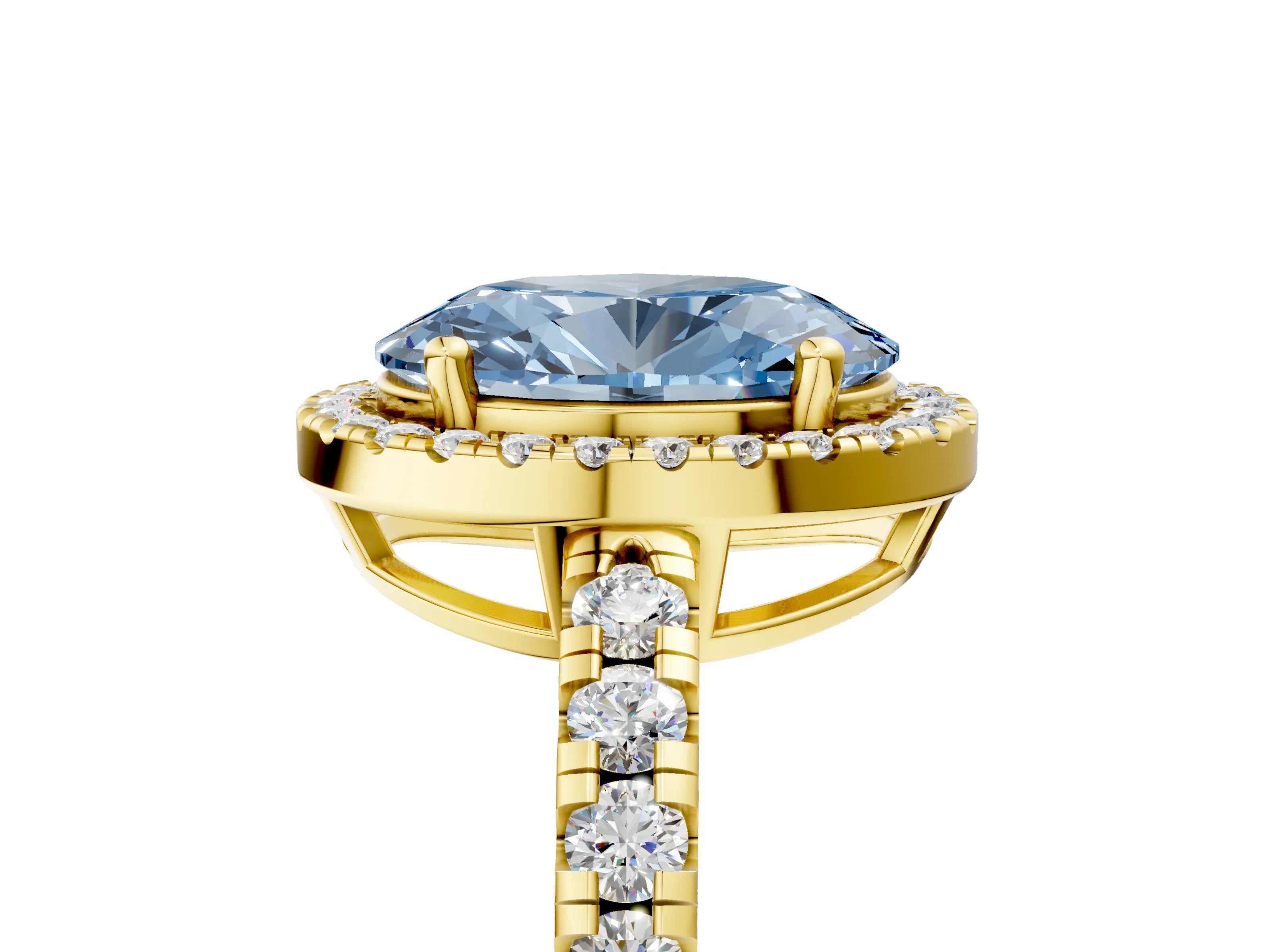 Yellow gold Fancy Blue Oval Cut Diamond Halo Ring with Pavé Band and Four-Prong Setting_5