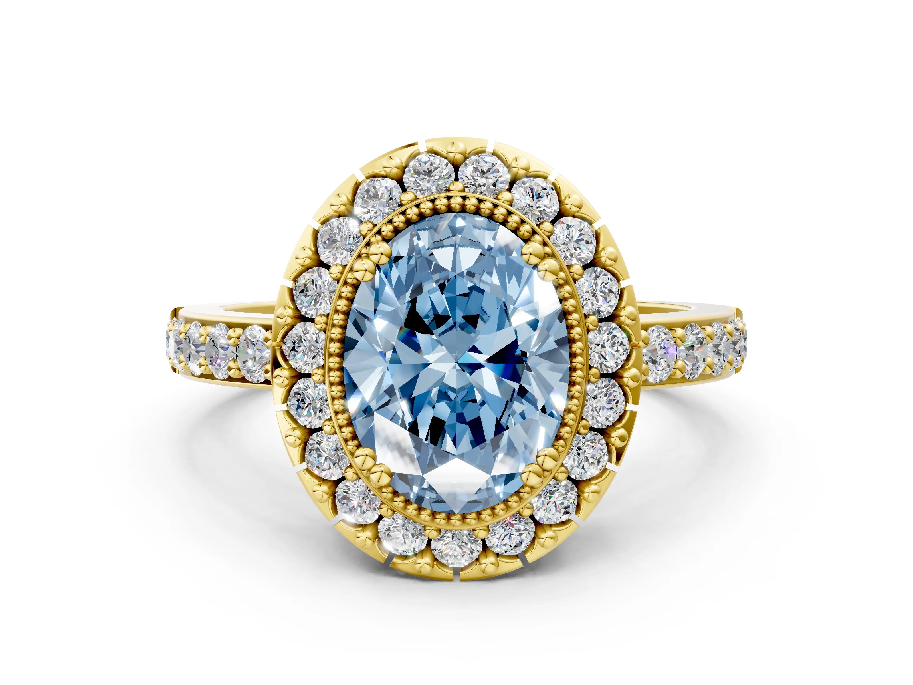 Yellow gold Fancy Blue Oval Cut Diamond Halo Ring with Pavé Band and Prong Setting