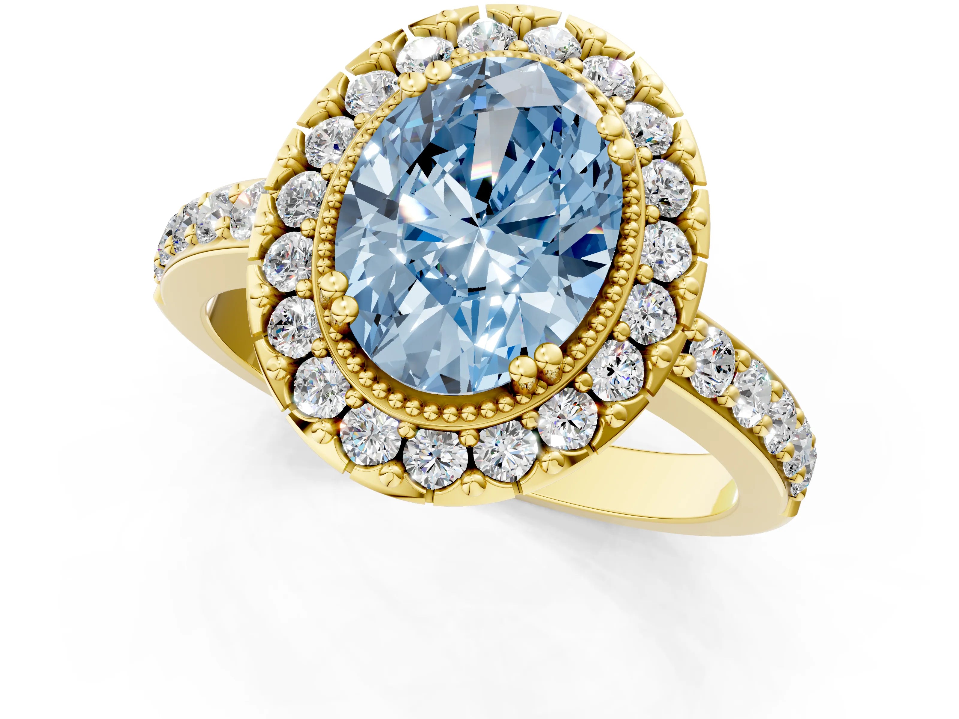 Yellow gold Fancy Blue Oval Cut Diamond Halo Ring with Pavé Band and Prong Setting_1