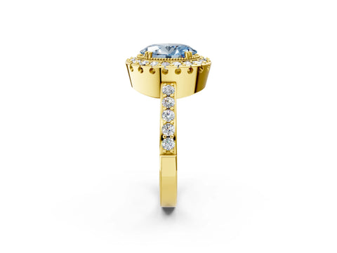 Yellow gold Fancy Blue Oval Cut Diamond Halo Ring with Pavé Band and Prong Setting_2