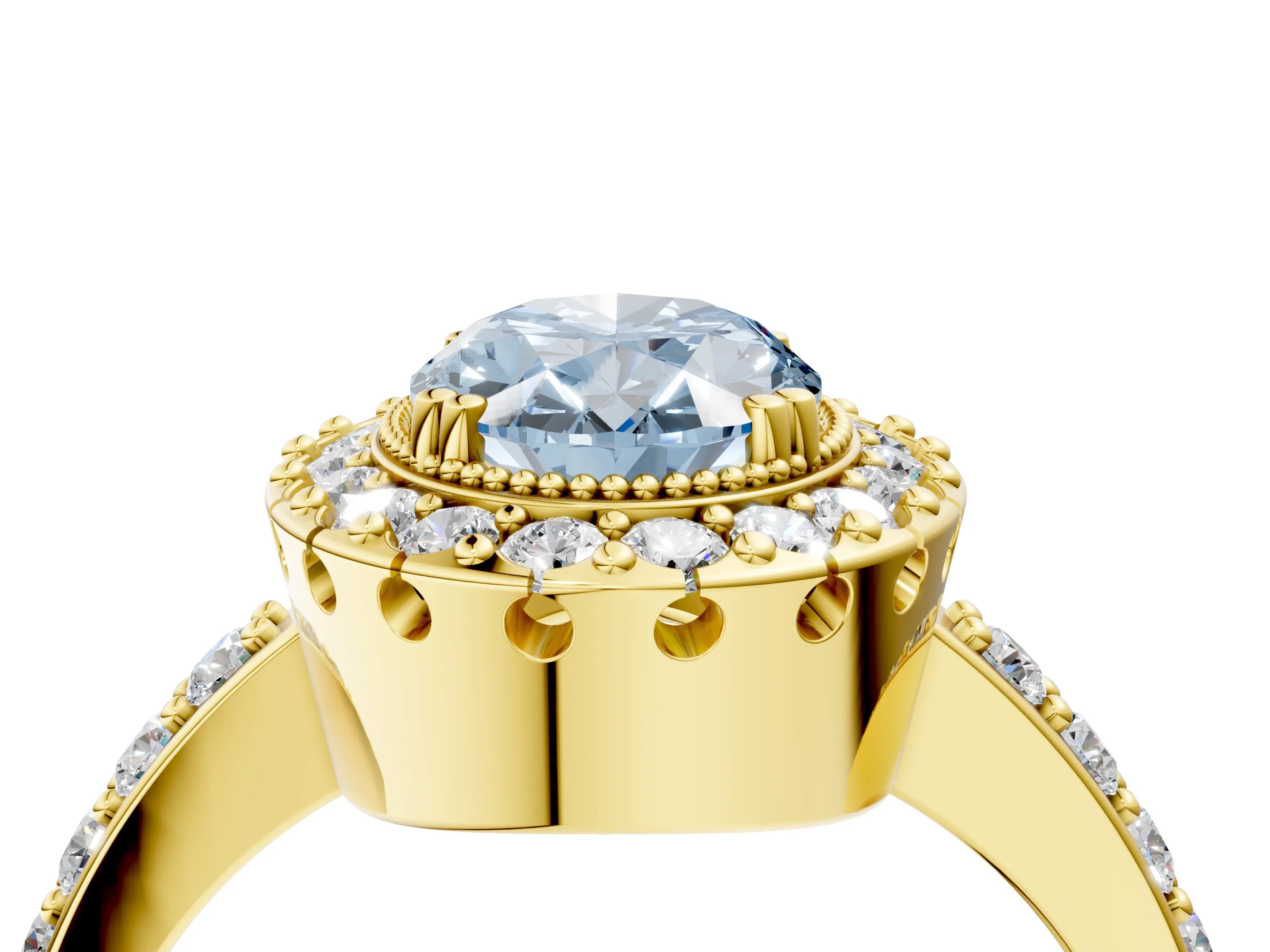 Yellow gold Fancy Blue Oval Cut Diamond Halo Ring with Pavé Band and Prong Setting_4