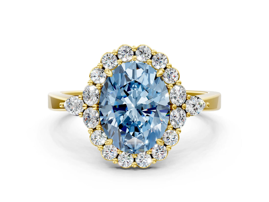 Yellow gold Fancy Blue Oval Cut Diamond Halo Ring with Pear Side Stones and Prong Setting_71