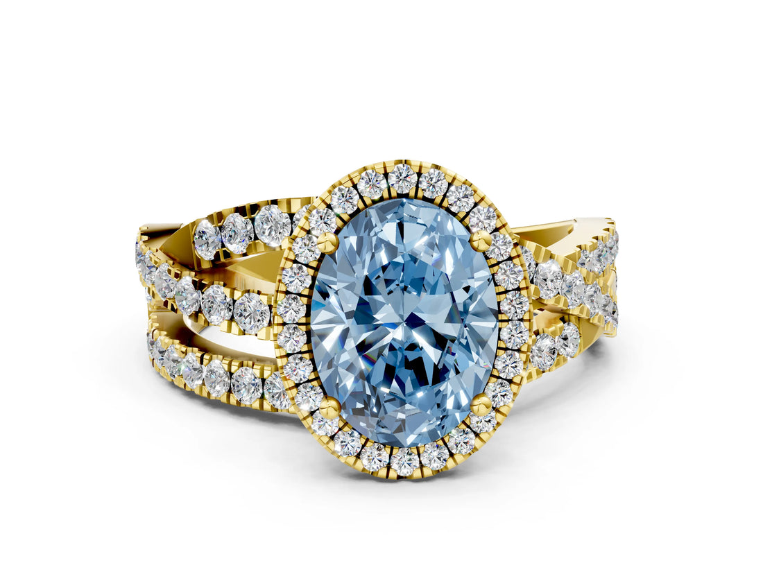 Yellow gold Fancy Blue Oval Cut Diamond Halo Ring with Round Split Shank and Prong Setting_49