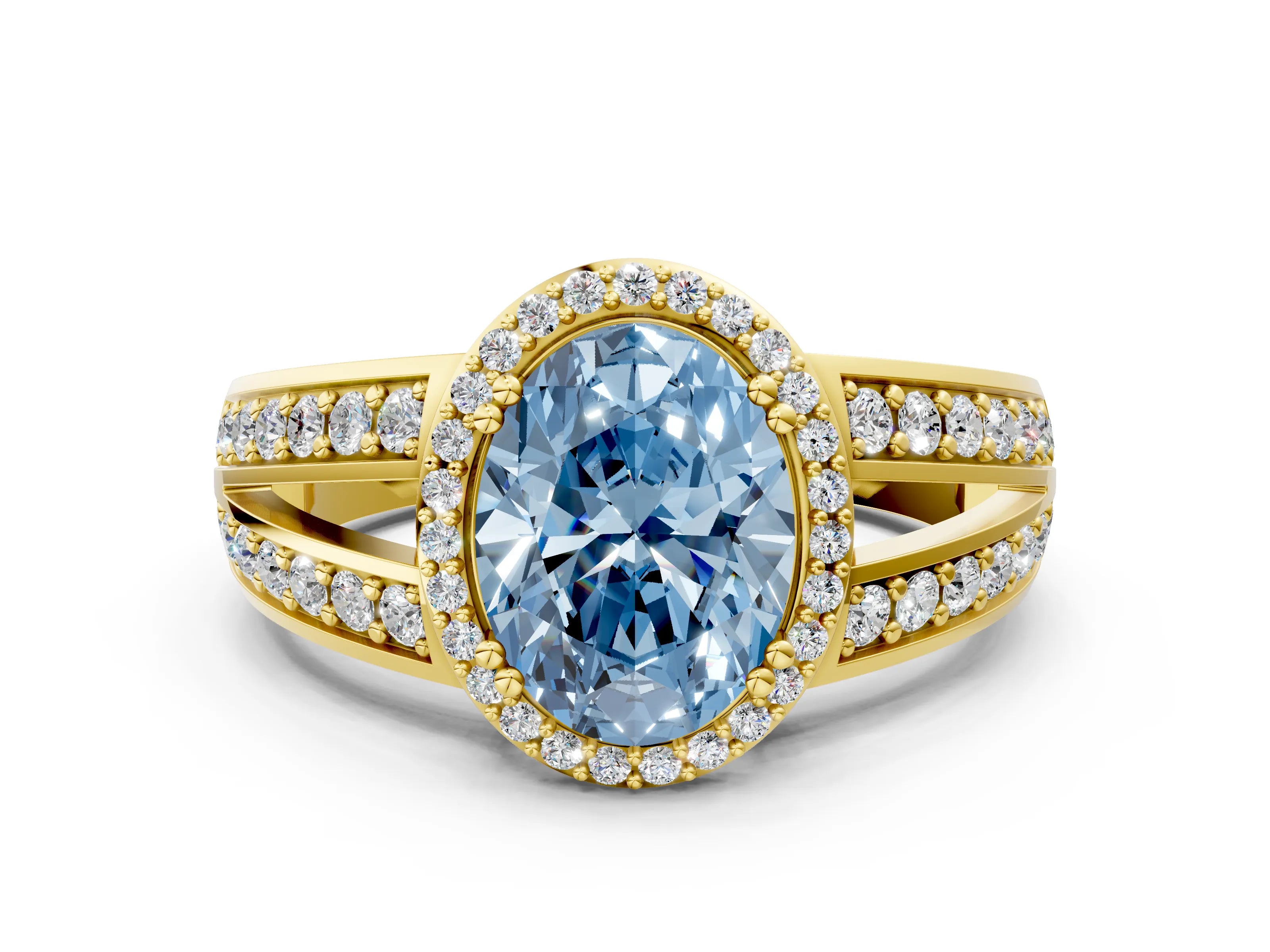Yellow gold Fancy Blue Oval Cut Diamond Halo Ring with Split Shank Pavé Band and Four-Prong Setting